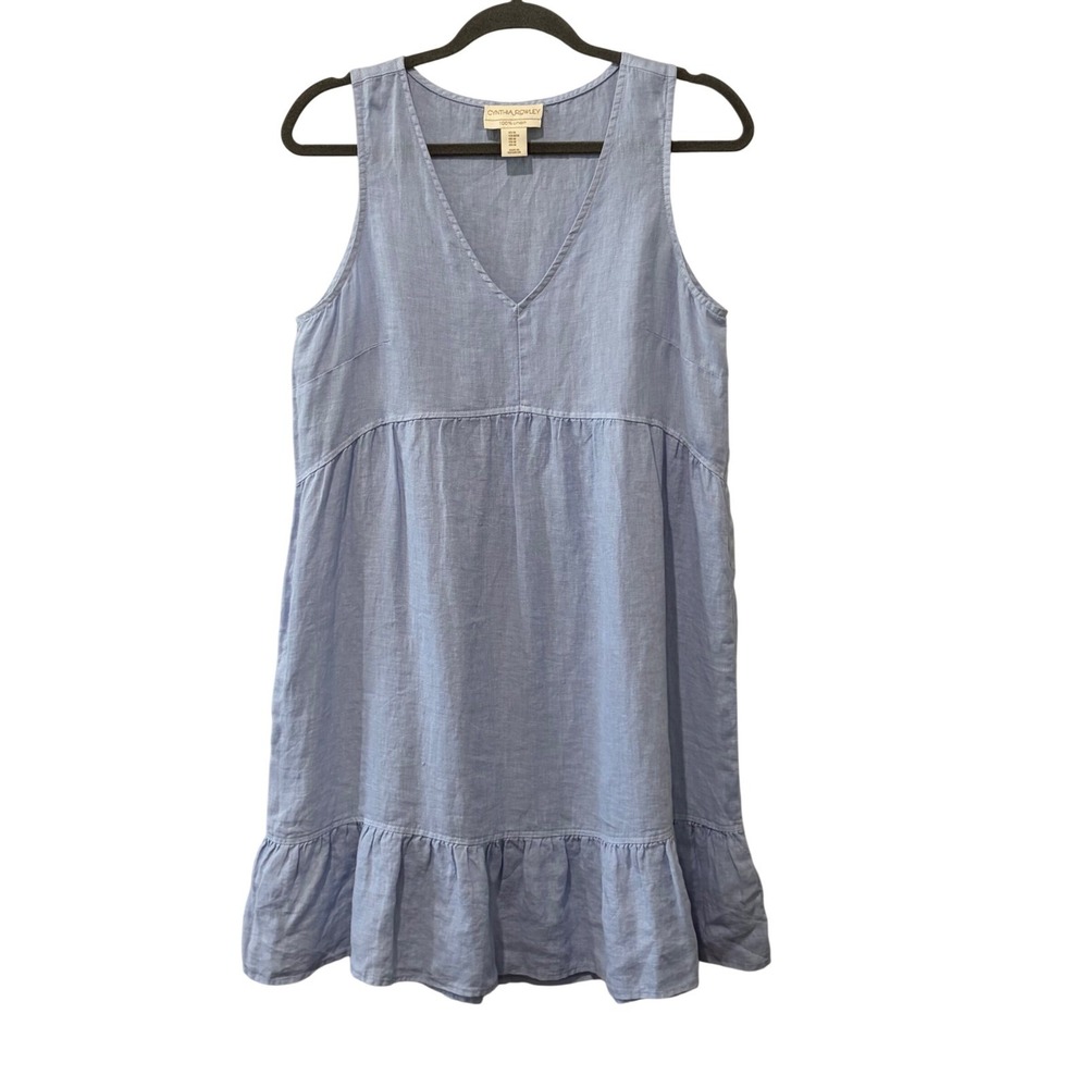 Cynthia Rowley Linen Mini Dress Womens Medium Blue Sleeveless Tiered V-Neck